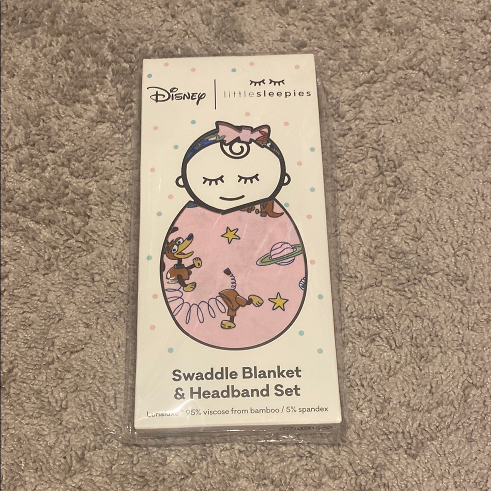 Little Sleepies Pink Toy Story Swaddle Blanket & Headband Set NIB